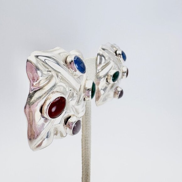 Sterling Silver 925 Multicolor Gemstone Puffed Clip On Earrings 1.25" Length - Picture 3 of 10